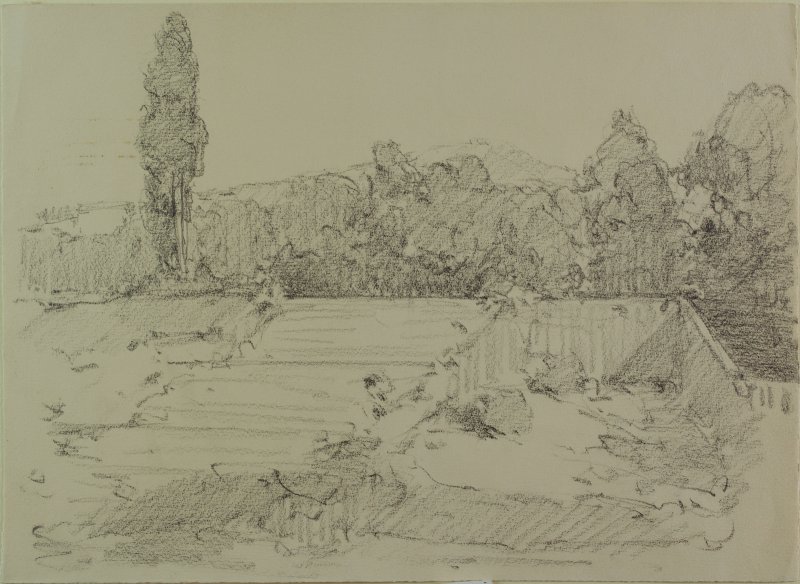 1951-1962. ca - Paesaggio con muro e alberi